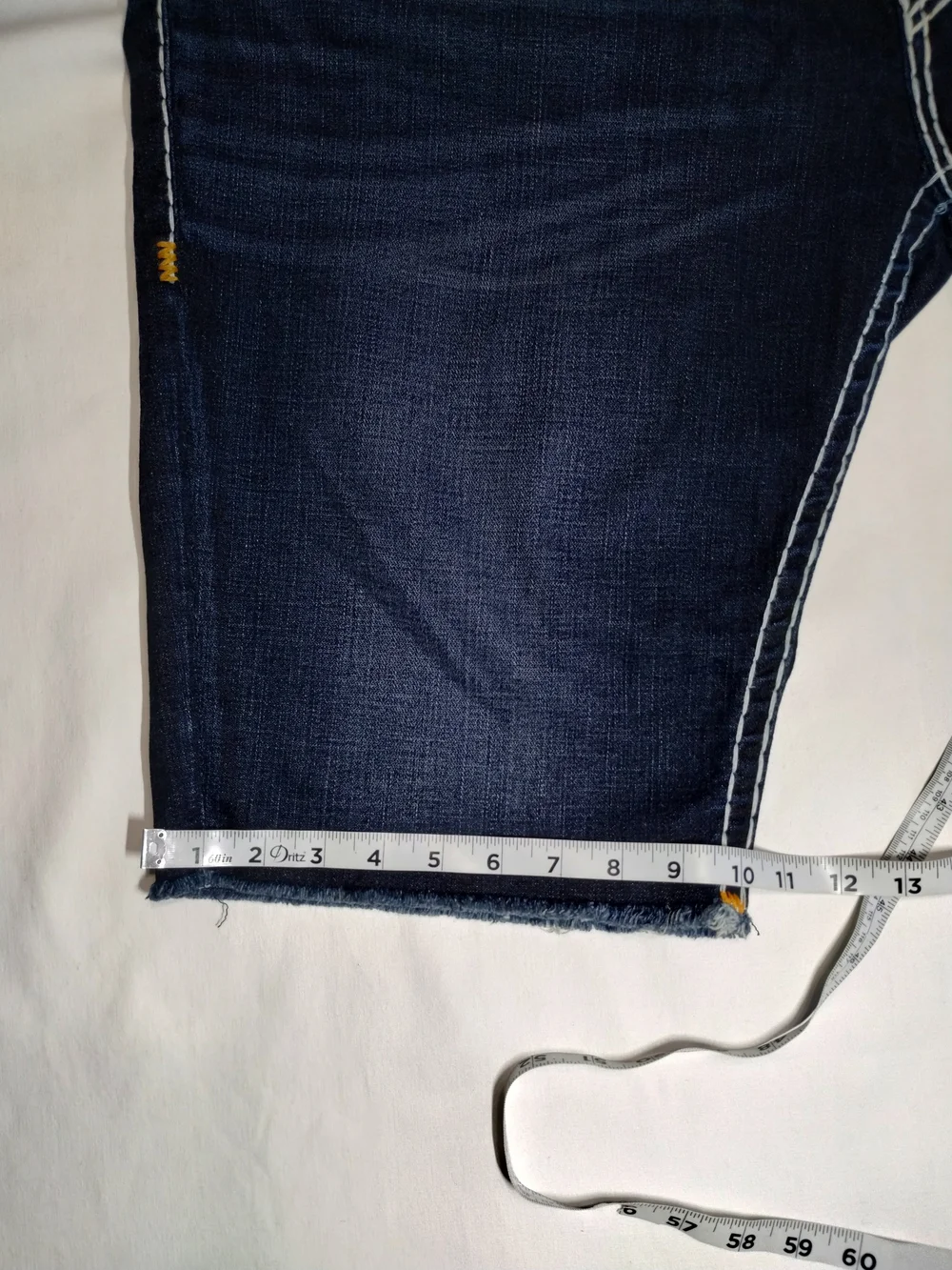 True Religion Dark Blue Denim Cutoff Shorts with Contrast Stitching